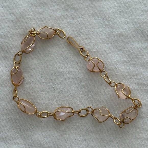 Vintage Polished Rose Quartz Stones with Gold Wire Cage Bracelet EUC - Picture 2 of 5